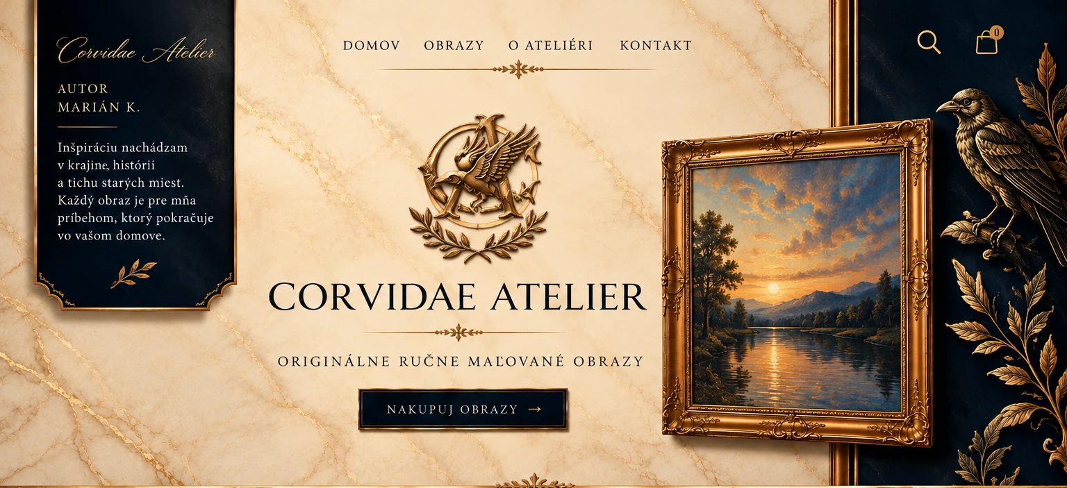 Corvidae Atelier: slonovinový mramor, plastické kovové logo, zlatý rám obrazu, havran a vizitka autora
